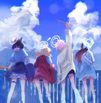  4girls absurdres after-school_sweets_club_(blue_archive) airi_(band)_(blue_archive) airi_(blue_archive) black_hair blonde_hair blue_archive blue_jacket blue_skirt blue_sky brown_hair clothes_around_waist clouds day drumsticks english_commentary from_behind guitar halo highres holding holding_drumsticks holding_guitar holding_instrument instrument jacket jacket_around_waist karuitori kazusa_(band)_(blue_archive) kazusa_(blue_archive) loose_socks medium_hair multicolored_hair multiple_girls natsu_(band)_(blue_archive) natsu_(blue_archive) official_alternate_costume pink_hair pleated_skirt railing red_jacket red_skirt shirt short_hair skirt sky socks two-tone_hair white_jacket white_shirt wristband yoshimi_(band)_(blue_archive) yoshimi_(blue_archive) 