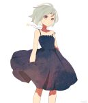  1girl arms_at_sides black_dress closed_mouth dress eyelashes feet_out_of_frame grey_background grey_hair jewelry looking_ahead maco22 necklace original print_dress short_hair simple_background solo star_(symbol) star_necklace star_print violet_eyes wind 