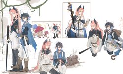  2boys :o ? absurdres ahoge alternate_costume arknights bag bieshi black_cape black_choker black_hair black_pants black_tunic blue_cape blue_eyes blue_hair blush book boots brown_bag brown_footwear cape casting_spell choker closed_eyes colored_inner_hair commentary english_commentary facial_mark fantasy feather_hair forehead_mark full_body gradient_hair highres holding holding_another&#039;s_arm holding_staff holding_umbrella hood hooded_cape lightning long_hair long_sleeves lumen_(arknights) male_focus multicolored_hair multiple_boys mushroom open_book orange_hair pants parted_bangs passenger_(arknights) plant pointy_ears rabbit reading short_hair sigh simple_background spyglass staff surprised tunic umbrella vines white_background white_pants white_tunic 