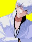  1boy a_nzi_end bleach blue_eyes close-up closed_mouth collarbone hair_between_eyes hands_in_opposite_sleeves head_tilt high_collar highres ichimaru_gin jacket long_sleeves looking_at_viewer male_focus shirt short_hair signature smile solo white_hair white_jacket white_shirt yellow_background 