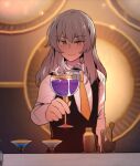  1girl alternate_costume bartender black_vest commentary cup drink drinking_glass fish_bone grey_hair highres hinghoi holding holding_cup honkai:_star_rail honkai_(series) long_hair long_sleeves looking_at_viewer necktie smile solo stelle_(honkai:_star_rail) trailblazer_(honkai:_star_rail) trash_can vest wine_glass yellow_eyes yellow_necktie 