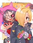  2girls birthday blonde_hair blush bouquet eyepatch grey_hair hair_over_one_eye hayasaka_mirei heart heart_eyepatch highres holding holding_bouquet hood hoodie idolmaster idolmaster_cinderella_girls mizking317 multicolored_hair multiple_girls open_mouth redhead shirasaka_koume short_hair skirt smile streaked_hair striped_clothes striped_thighhighs thigh-highs two-tone_hair yellow_eyes 