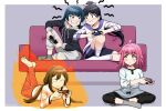  3: 4girls :&lt; :| ahoge black_hair black_hoodie black_pants black_shorts blue_hair blunt_bangs blunt_ends border clenched_teeth closed_mouth controller couch dark_blue_hair double-parted_bangs feet_up fire game_controller grey_background grey_pants grey_shirt grey_socks hair_down hazuki_ren high_ponytail highres holding holding_controller holding_game_controller hood hoodie in-franchise_crossover indian_style kishimen_hair knee_up long_hair long_sleeves love_live! love_live!_nijigasaki_high_school_idol_club love_live!_sunshine!! love_live!_superstar!! low_twintails lying medium_hair multiple_girls official_alternate_hairstyle on_couch on_stomach orange_pants outside_border pants pink_hair playing_games ponytail revision sanpaku shirt shorts shout_lines simple_background sitting ska.harumi sleeves_past_elbows socks teeth tennoji_rina the_pose tsushima_yoshiko twintails twitter_username v-shaped_eyebrows v-shaped_eyes white_border white_hoodie white_shirt white_socks yellow_eyes yuki_setsuna_(love_live!) 