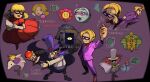  1girl 3boys blonde_hair blue_eyes bow bowtie cape carpaccio_(wario:_master_of_disguise) count_cannoli crown dolphin dress earrings facial_hair glasses goodstyle hand_fan hat heart jewelry ka-bloom! long_hair multiple_boys mustache open_mouth poobah_the_pharaoh purple_background purple_cape purple_suit red_dress rinabee_(rinabele0120) simple_background stuffy_the_64th suit terrormisu tiara top_hat wand wario:_master_of_disguise yellow_bow yellow_bowtie 