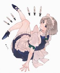  1girl absurdres apron black_bow blue_dress blue_eyes blue_footwear bow braid cindy717 dress frilled_apron frills grey_hair hair_bow hand_on_ground high_heels highres izayoi_sakuya knife long_hair looking_at_viewer maid maid_apron maid_headdress on_floor puffy_short_sleeves puffy_sleeves short_sleeves side_braid simple_background sitting smile solo touhou twin_braids waist_apron waist_bow white_apron white_background white_bow 