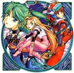  1990s_(style) 3girls ;p alice_in_cyberland blonde_hair blue_eyes bodysuit gloves green_eyes green_hair hairband headgear highres long_hair looking_at_viewer low-tied_long_hair medium_hair minazuki_alice multiple_girls non-web_source official_art one_eye_closed ootori_rena_(alice_in_cyberland) parted_lips red_eyes redhead retro_artstyle tongue tongue_out very_long_hair yagami_juri 