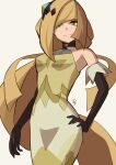  1girl absurdres artist_name bare_shoulders black_choker black_gloves blonde_hair choker dress elbow_gloves gloves green_eyes hand_on_own_hip highres ida_(idalol490) long_hair looking_at_viewer lusamine_(pokemon) lusamine_(sygna_suit)_(pokemon) multicolored_clothes official_alternate_costume pokemon pokemon_masters_ex smile solo 