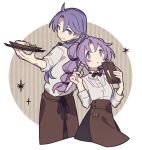  1boy 1girl apron arthur_(fire_emblem:_genealogy_of_the_holy_war) border brother_and_sister brown_apron commentary curtained_hair fire_emblem fire_emblem:_genealogy_of_the_holy_war grey_background haconeri holding holding_plate long_hair open_mouth outside_border plate purple_hair round_border siblings sparkle symbol-only_commentary tine_(fire_emblem) violet_eyes waiter waitress white_border 