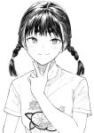  1girl braid closed_mouth commentary_request greyscale hand_up highres hiwatari_rin looking_at_viewer low_twintails monochrome original shirt short_eyebrows short_sleeves simple_background smile solo thick_eyebrows twin_braids twintails upper_body v white_background 