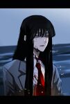  1girl black_hair blood blood_on_clothes blood_on_face blood_on_neck closed_mouth collared_shirt commentary dated embers grey_eyes grey_jacket highres hoshi_san_3 jacket letterboxed long_hair mole mole_under_eye necktie ocean open_clothes open_jacket original outdoors red_necktie shirt sidelocks solo upper_body white_shirt 