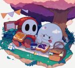  boo_(mario) bread checkered_blanket closed_mouth food highres holding holding_food holding_knife jam knife looking_at_another mask mofupoyo no_humans picnic_basket picnic_blanket shy_guy sign sitting super_mario_bros. tongue tongue_out tree 