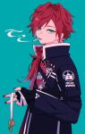  1boy aqua_background black_gloves black_jacket cigarette fingerless_gloves gloves green_eyes highres holding jacket lapels lauren_iroas long_hair looking_at_viewer male_focus nasi_w2 nijisanji open_clothes open_jacket red_nails redhead simple_background smoke_trail smoking solo standing upper_body 