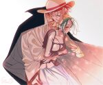  1boy 1girl bandana black_coat blush closed_eyes closed_mouth coat commentary_request facial_hair green_hair hat hug hug_from_behind korean_commentary long_sleeves makino_(one_piece) one_piece redhead shanks_(one_piece) shirt short_hair smile straw_hat strawbbang teeth white_shirt 