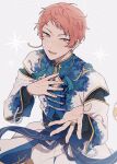  1boy beads commentary_request cowboy_shot earrings ensemble_stars! fingernails grey_background hand_on_own_chest itsuki_shu jewelry korean_commentary long_sleeves looking_at_viewer male_focus open_mouth outstretched_hand pink_hair ring round_o0 short_bangs short_hair solo star_(symbol) violet_eyes 