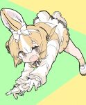  1girl absurdres animal_ears blush bow bowtie brown_bow brown_bowtie brown_dress brown_eyes brown_socks domestic_rabbit_(kemono_friends) dress frilled_sleeves frills gloves hair_between_eyes hair_bow highres jumping kemono_friends light_brown_hair long_sleeves midair multicolored_hair nenkou-san open_mouth puffy_sleeves rabbit_ears rabbit_girl rabbit_tail sidelocks socks solo tail two-tone_dress two-tone_hair white_bow white_dress white_gloves white_hair 