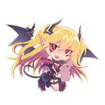  1girl bare_shoulders black_horns black_tail black_wings blonde_hair blush chibi demon_girl demon_horns demon_tail demon_wings dress duel_monster facial_mark full_body highres holding holding_stuffed_toy horns lacrima_the_scarlet_sorrow light_blush long_hair looking_at_viewer monitor_(udoshiyo) open_mouth red_dress red_eyes simple_background solo stuffed_animal stuffed_toy tail teddy_bear teeth two_side_up upper_teeth_only white_background wings yu-gi-oh! 