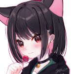  1girl animal_ears black_choker black_hair blue_archive candy cat_ears choker closed_mouth commentary extra_ears food highres holding holding_candy holding_food holding_lollipop kazusa_(blue_archive) lollipop looking_at_viewer multicolored_hair pink_hair simple_background solo two-tone_hair upper_body white_background yizhi_jiandan 