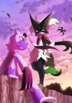  artist_name claws closed_mouth clouds cloudy_sky commentary_request dawn fang furry gradient_sky green_fur highres meowscarada outdoors pokemon pokemon_(creature) purple_sky red_eyes sitting sky smile sneasler standing watermark yukari_(yukari21653710) 