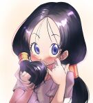  1girl absurdres black_hair blue_eyes blush dragon_ball dragon_ball_z highres long_hair looking_at_viewer shirt simple_background solo twintails videl white_background white_shirt yuuri_(fukuroudou) 