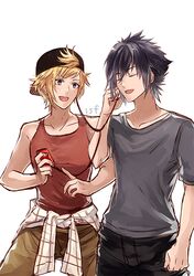  2boys adjusting_clothes adjusting_headwear alternate_costume backwards_hat bad_id bad_pixiv_id baseball_cap black_hair black_pants black_shirt blonde_hair brown_pants clenched_hand closed_eyes clothes_around_waist commentary_request digital_media_player earphones earphones final_fantasy final_fantasy_xv flannel grey_eyes hands_up hat jacket jacket_around_waist listening_to_music looking_at_another male_focus multiple_boys noctis_lucis_caelum open_mouth pants prompto_argentum red_shirt red_tank_top sasanomesi sharing shirt short_hair smile spiky_hair tank_top upper_body white_background 