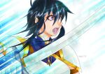  1girl armor black_hair breastplate fangs fire_emblem fire_emblem:_genealogy_of_the_holy_war gloves holding holding_sword holding_weapon larcei_(fire_emblem) ohasyu1116 open_mouth purple_tunic short_hair shoulder_armor sidelocks solo star_(symbol) sword tomboy tunic weapon 