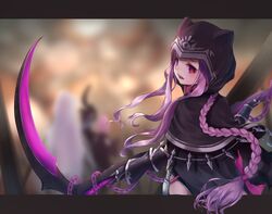  1boy 2girls black_cloak black_gloves black_leotard chain cloak commentary commentary_request cowboy_shot fate/grand_order fate_(series) gloves harpe holding holding_scythe holding_weapon hood hood_up hooded_cloak leotard letterboxed long_hair looking_at_viewer looking_back mash_kyrielight medusa_(fate) medusa_(lancer)_(fate) merlin_(fate) multiple_girls open_mouth outside_border ponytail purple_hair scythe solo_focus very_long_hair violet_eyes weapon yuurei447 