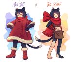  1girl :&lt; :3 animal_ears armor black_hair body_fur boots cat_ears cat_girl cat_tail coat dungeon_meshi english_text full_body fur-trimmed_boots fur-trimmed_coat fur_trim hands_on_own_hips highres izutsumi leather_armor midriff mismatched_animal_ear_colors navel oversized_clothes red_coat red_footwear red_scarf ribbon scarf short_hair signature tail winnie62123994 