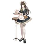  1girl apron bag black_dress black_footwear bonnet bridal_garter brown_bag brown_eyes brown_hair closed_mouth cup dress full_body girls_frontline green_hair green_necktie hair_between_eyes handbag highres holding holding_cup holding_tray long_hair looking_at_viewer m4a1_(fluffy_fruit_tea)_(girls&#039;_frontline) m4a1_(girls&#039;_frontline) maid maid_apron mary_janes multicolored_hair necktie official_alternate_costume official_art pantyhose puffy_sleeves shoes short_necktie simple_background smile solo standing streaked_hair table teacup teapot third-party_source transparent_background tray umo_(mica_team) white_apron white_pantyhose 