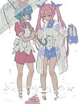  2girls apron blue_eyes blue_hair blue_ribbon blue_shirt blue_shorts clenched_teeth coat commentary_request full_body grimace hair_ribbon hairband highres holding holding_shoes holding_umbrella hood hood_down hooded_coat long_sleeves looking_down multiple_girls omega_rei omega_rio omega_sisters open_clothes open_coat open_mouth parted_lips pink_hair puffy_short_sleeves puffy_sleeves red_hairband red_ribbon red_shirt red_shorts reflection reflective_water ribbon shirt shoes short_hair short_sleeves shorts siblings simple_background sisters standing tamo_(gaikogaigaiko) teeth transparent transparent_raincoat transparent_umbrella twintails umbrella virtual_youtuber wading water wet wet_clothes white_apron white_background yellow_eyes 