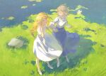  2girls absurdres blonde_hair blue_skirt braid bug butterfly chinese_commentary commentary_request day dress dungeon_meshi elf eye_contact falin_touden falin_touden_(tallman) floating_hair from_above full_body grass green_eyes highres holding_hands lccc long_hair looking_at_another marcille_donato multiple_girls open_mouth outdoors pointy_ears rock shirt shoes short_hair short_sleeves skirt smile standing sundress twin_braids water white_dress white_footwear white_shirt wind yellow_butterfly yellow_eyes yuri 