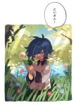  1boy :d ^_^ aged_down antenna_hair blue_flower blue_hair blue_sky blurry blurry_background blush border bow bush calla_lily_(genshin_impact) child closed_eyes collared_shirt commentary_request dark-skinned_male dark_skin day flower genshin_impact grass hair_bow hair_over_one_eye hands_up happy highres holding holding_flower kaeya_(genshin_impact) light_particles light_rays long_sleeves male_focus medium_hair multicolored_hair myoco one_eye_covered open_mouth outdoors parted_bangs red_bow red_flower shirt sidelocks sky smile solo sparkle speech_bubble streaked_hair sunlight swept_bangs translation_request tree water white_border white_shirt wide_sleeves wing_collar 