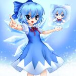 1girl artist_name blue_background blue_bow blue_dress blue_eyes blue_hair bow character_doll cirno cirno_day cowboy_shot dress frozen fumo_(doll) hair_bow highres ice ice_wings index_finger_raised kigidere looking_at_viewer neck_ribbon open_mouth pinafore_dress red_ribbon ribbon shirt short_hair short_sleeves signature sleeveless sleeveless_dress smile snowflakes solo standing touhou white_shirt wings 