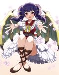  1girl :d blunt_bangs blush commission crossed_legs dragon_girl dragon_wings dress fire_emblem fire_emblem:_the_sacred_stones fire_emblem_heroes flower full_body hair_flower hair_ornament highres knee_up layered_dress legs_together looking_at_viewer myrrh_(fire_emblem) myrrh_(valentine)_(fire_emblem) official_alternate_costume open_mouth outstretched_arms puffy_short_sleeves puffy_sleeves purple_hair red_dress red_eyes seiji_(artman) short_sleeves skeb_commission smile solo twintails white_dress wings 