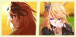  2girls animal_ears black_choker black_jacket blonde_hair blue_bow blue_eyes blurry blurry_background bow brown_hair choker clenched_teeth closed_mouth commentary_request ear_bow ear_ornament earrings epaulettes evening from_side gloves gold_city_(umamusume) grass hair_between_eyes hasegawamorito highres horse_ears horse_girl jacket jewelry long_hair looking_at_viewer multicolored_hair multiple_girls open_clothes open_jacket outdoors pendant_choker single_earring single_epaulette smile streaked_hair sweat symboli_rudolf_(umamusume) teeth umamusume upper_body violet_eyes white_gloves white_hair wiping_sweat 