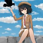  bird black_hair brown_hat brown_jacket brown_shorts bunbunmaru collared_shirt crow erty_(nicoseiga_31612009) flat_cap hat jacket long_sleeves necktie open_clothes open_jacket outdoors pointy_ears red_eyes red_necktie shameimaru_aya shameimaru_aya_(newsboy) shirt short_hair shorts sitting tie_clip touhou white_shirt 