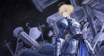  1girl absurdres ahoge armor armored_dress artoria_pendragon_(fate) blonde_hair braid dress fate/grand_order fate_(series) faulds gauntlets green_eyes hair_ribbon highres long_sleeves ribbon saber_(fate) shitodo_mi short_hair solo 