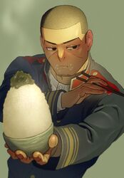  1boy averting_eyes bowl buzz_cut chopsticks facial_hair food food_on_face goatee_stubble golden_kamuy highres holding holding_chopsticks incoming_food looking_at_viewer male_focus military_uniform rice rice_bowl rice_on_face short_hair solo stubble sunlight tsukishima_hajime tsurime uniform upper_body very_short_hair wasabi_0363 