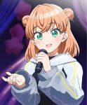  1girl :d blush commentary_request crossed_bangs deepness_(love_live!) double_bun green_eyes hair_bun hands_up highres hinoshita_kaho holding holding_microphone jacket jenny_(je2live) link!_like!_love_live! long_sleeves looking_at_viewer love_live! medium_hair microphone open_mouth orange_hair side_up_bun smile solo teeth upper_body upper_teeth_only virtual_youtuber white_jacket 