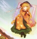  1girl black_hat blonde_hair closed_mouth commentary_request constellation_print full_body gradient_sky green_skirt hat long_hair looking_at_viewer matara_okina outdoors rope shimenawa sikitenhi skirt sky smile solo tabard touhou 
