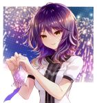  1girl alternate_costume brown_eyes fireworks gina_(gnosia) gnosia hair_between_eyes heterochromia long_sleeves medium_hair parted_lips purple_hair rocomani smile solo upper_body wavy_hair yellow_eyes 