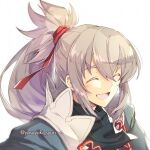  1boy aristocratic_clothes closed_eyes facing_to_the_side fire_emblem fire_emblem_fates grey_hair hair_ribbon japanese_clothes male_focus open_mouth ponytail red_ribbon ribbon shuri_yasuyuki solo takumi_(fire_emblem) white_background 