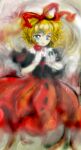  1girl black_shirt blonde_hair blue_eyes closed_mouth gloves hair_ribbon hands_up looking_at_hand medicine_melancholy medinki official_style puffy_short_sleeves puffy_sleeves red_ribbon red_skirt ribbon shirt short_hair short_sleeves skirt smile solo touhou white_gloves zun_(style) 