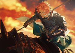  1boy animal aqua_sash armor armored_gloves barding breastplate closed_mouth clouds cloudy_sky commentary embers en_(enxxx) fire_emblem fire_emblem:_three_houses fur_trim gloves highres holding holding_polearm holding_weapon horse horseback_riding looking_at_viewer male_focus orange_hair orange_sky parted_bangs pauldrons polearm red_fur riding sash shoulder_armor sitting sky solo spear sylvain_jose_gautier weapon yellow_eyes 