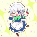  1girl ;d apron black_pantyhose blue_dress blue_eyes blush_stickers boots bow braid brown_footwear chibi commentary_request dress full_body green_bow grey_hair hair_between_eyes hair_bow hands_up holding holding_knife izayoi_sakuya juliet_sleeves kasuga_yuuki knife long_sleeves looking_at_viewer maid maid_headdress one_eye_closed pantyhose puffy_sleeves smile solo sparkle standing standing_on_one_leg touhou twin_braids v white_apron 