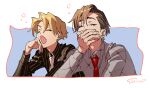  2boys black_shirt blonde_hair chris_redgrave closed_mouth covering_own_mouth ear_piercing finn_oldman from_side grey_hair grey_shirt hand_on_own_chin hand_over_own_mouth head_rest high_card leaning_forward male_focus mojisan_(ebimo) multiple_boys necktie open_mouth parted_lips piercing red_necktie shirt short_hair signature simple_background striped_clothes sunlight teardrop white_necktie yawning 