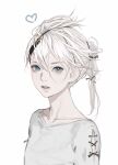  1girl blue_eyes character_request clothing_cutout copyright_request d.k hair_between_eyes long_hair looking_at_viewer parted_lips ponytail shirt shoulder_cutout solo teeth upper_teeth_only white_hair white_shirt 