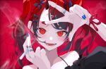  1girl blue_nails cigarette earrings fangs fingernails goma_irasuto highres holding holding_cigarette jewelry medium_hair nail_polish oni original red_background red_eyes redhead ring signature twintails upper_body 