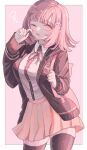  1girl brown_jacket brown_shirt brown_skirt brown_thighhighs collared_shirt cowboy_shot danganronpa_(series) danganronpa_2:_goodbye_despair dress_shirt drooling highres hood hood_down hooded_jacket ibushi_(kuyuru_29) jacket long_sleeves medium_hair miniskirt nanami_chiaki neck_ribbon open_clothes open_jacket pink_ribbon pleated_skirt ribbon shirt shirt_tucked_in skirt solo spaceship_hair_ornament thigh-highs white_shirt 