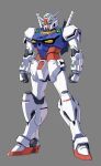  arms_at_sides clenched_hands commentary_request full_body green_eyes grey_background gundam_engage_zero gundam_u.c._engage highres legs_apart mecha mecha_focus mobile_suit no_humans robot science_fiction simple_background solo standing takaba_akinori v-fin 