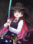  1girl aged_down black_dress black_hair breasts brown_hat coffeekite cowboy_hat crying dress fate/grand_order fate_(series) gun hat highres ishtar_(fate) katana long_hair long_sleeves multicolored_hair open_mouth parted_bangs redhead shirt small_breasts solo space_ishtar_(fate) sword two-tone_hair two_side_up weapon white_shirt 